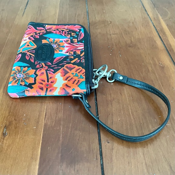 Fossil Coated Canvas Wristlet Colorful Floral Pattern Black Leather Trim Strap - Picture 5 of 11